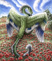 2012 ambiguous_gender dragon feathered_dragon feathered_scalie feathered_wings feathers feral field flower kirsch mane mythological_creature mythological_scalie mythology outside painting_(artwork) plant pose scalie sky solo tail traditional_media_(artwork) wings