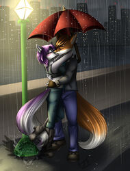 anthro boots bottomwear canid canine canis city clothed clothing denim denim_bottomwear denim_clothing duo female footwear fox fully_clothed hair holding_object holding_umbrella jacket jeans jess_(teckly) male mammal markings outside pants purple_hair purple_markings raining sea shana shana_(user) shirt_top street_lamp tail topwear umbrella water werefox_(character) wolf