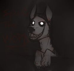 ambiguous_gender canid canine canis claws creepy creepypasta domestic_dog english_text feral glowing glowing_eyes grin mammal nightmare_fuel smile smile.dog solo teeth text voltage-x