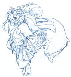 anthro canid canine canis clothed clothing crossdressing duga_(shining) femboy male mammal monochrome risuou sega shining_(sega) shining_force_exa simple_background sketch solo sourou_cerulean_wolf tail wolf