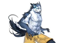 abs anthro biceps big_muscles biped black_body black_fur blue_body blue_eyes blue_fur body_hair bottomwear canid canine canis chest_tuft claws clenched_teeth clothed clothing fangs fantasy fluffy fluffy_tail fur glowing glowing_eyes hair happy_trail jaws kemono magic male mammal muscular muscular_anthro muscular_male nviek5 pecs pose shorts simple_background solo standing tail teeth topless tuft white_background white_body white_fur wolf