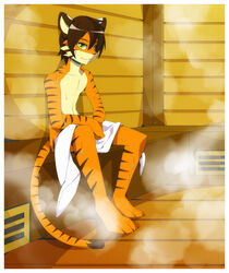 barefoot bodily_fluids border brown_hair clothed clothing feet felid green_eyes hair inside male mammal oouyuki_benten pantherine saba sauna solo steam stripes sweat tail tiger topless towel white_border