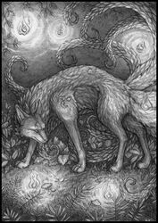 ambiguous_gender black_border border canid canine demon digitigrade feral fox graphite_(artwork) greyscale kirsch mammal monochrome pencil_(artwork) quadruped solo tail traditional_media_(artwork)