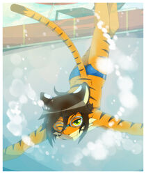 anthro border brown_hair clothed clothing digital_media_(artwork) eyewear felid goggles green_eyes hair male mammal oouyuki_benten pantherine partially_submerged saba solo stripes swimwear tail tiger topless underwater water white_border