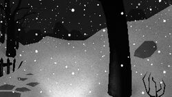 16:9 ambiguous_gender black_and_white creepy dark digital_media_(artwork) fence hide_(game) monochrome mot night outside pixel_(artwork) plant rock sky snow snowing tree white_noise widescreen winter wood zero_pictured