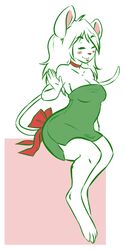 accessory anthro biped blush bow_(feature) bow_accessory bow_ribbon christmas closed_eyes clothing dress female furgonomics gesture hair hizzie holidays long_hair mammal mouse murid murine ribbons rodent sitting smile solo tail tail_accessory tail_bow tail_ribbon waving