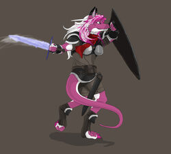 anthro bleuhawke dey dragon female grey_background hair holding_melee_weapon holding_object holding_sword holding_weapon melee_weapon mythological_creature mythological_scalie mythology scalie scarf shield simple_background solo sword tail weapon white_hair