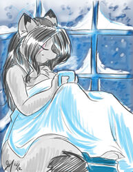 1_eye anthro bedding black_hair blanket breasts canid canine closed_eyes container cup female fox fur grey_body grey_fur hair holding_container holding_cup holding_object inside j3t mammal scar smile snow solo tail vixenchan window winter