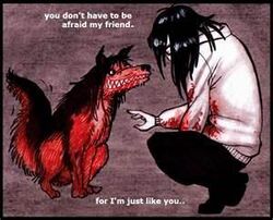 ambiguous_gender black_hair blood bodily_fluids canid canine canis creepy creepypasta digitigrade domestic_dog duo english_text feral grin hair human husky jeff_the_killer low_res mammal nordic_sled_dog quadruped smile smile.dog source_request spitz tail teeth text unknown_artist