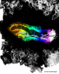 abstract_background ambiguous_gender black_body black_fur domestic_cat felid feline felis feral fur hi_res mammal octobertiger quadruped rainbow simple_background solo tail white_body white_fur yellow_eyes