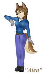 aleu_(balto) anthro anthrofied balto_(series) belt biped blue_eyes bottomwear canid canine canis clothed clothing collar denim denim_bottomwear denim_clothing domestic_dog female folwilliar footwear fully_clothed gloves handwear hi_res hybrid jeans mammal pants shirt shoes solo tail topwear universal_studios wolf wolfdog