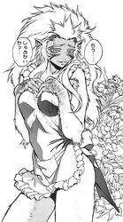 apron black_and_white blush clothing female flower hair haplorhine japanese_text kouya_ni_kemono_doukokusu long_hair mammal monkey monochrome plant primate solo text tomoe unknown_artist yumemakura_baku