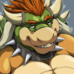 1:1 2010 aluminemsiren anthro bowser bust_portrait collar green_body green_skin grin hair horn koopa looking_at_viewer male mario_bros nintendo orange_body orange_skin portrait red_eyes red_hair reptile rrowdybeast scalie shell smile solo spikes teeth