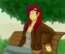 alternate_species bench blue_hair bottomwear cartoonlion clothing eyewear female goggles grandfathered_content hair human human_only humanized jacket mammal multicolored_hair not_furry on_bench outside pants red_hair shirt solo terrafirma topwear two_tone_hair yellow_eyes