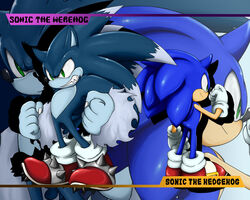 5:4 anthro blue_body blue_fur blue_hair clothing digital_media_(artwork) duo eulipotyphlan fur gloves green_eyes hair handwear hedgehog male mammal sega shoppaaaa sonic_the_hedgehog sonic_the_hedgehog_(series) sonic_the_werehog sonic_unleashed square_crossover were wereeulipotyphlan werehog zoom_layer