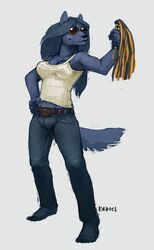 anthro barefoot belt biped blue_body blue_hair bottomwear canid canine canis clothing denim denim_bottomwear denim_clothing domestic_dog eyewear feet female flogger hair hi_res jeans liquorice_black mammal pants redic-nomad shirt solo sunglasses tail tank_top topwear whip