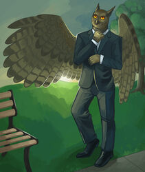 5_fingers anthro avian beak bench biped bird bottomwear brown_body brown_feathers clothed clothing day dress_shirt feathered_wings feathers fingers footwear front_view fully_clothed grass jacket male orange_eyes outside owl pants park path plant shirt shoes sky solo spread_wings standing suit topwear tree wings wooperworks