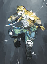 2012 abs abstract_background angry anthro armor bandage beau_(artist) belt biceps biped black_body black_fur blue_eyes bottomwear claws clothed clothing dagger felid fight fur gloves grey_background handwear holding_object holding_weapon jewelry knife male mammal markings melee_weapon muscular muscular_anthro muscular_male necklace pantherine pants pecs pose reverse_grip simple_background solo standing stripes tail tiger toe_claws topless weapon white_body white_fur yellow_body yellow_fur