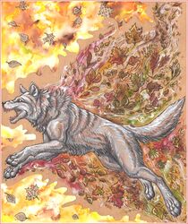 ambiguous_gender autumn canid canine canis digitigrade feral kirsch leaf mammal papercutting_(artwork) quadruped solo tail teeth traditional_media_(artwork) wolf