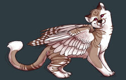 ambiguous_gender brown_body brown_fur digitigrade domestic_cat feathered_wings feathers felid feline felis feral fur hybrid mammal may_(disambiguation) octobertiger quadruped red_eyes simple_background solo tail tongue white_body white_fur wings