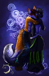 2012 anthro ash_harden backwards_hug bottomwear canid canine canis clothed clothing duo fox heterochromia hi_res hybrid love male mammal mephitid nanabi_ashiro pants shynjy skunk smile tail topless wolf