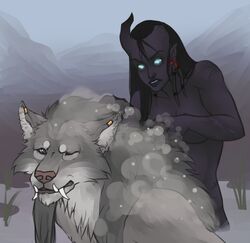 anthro assisted_bathing bathing blizzard_entertainment blue_eyes breasts canid canine canis draenei duo fangs female fur glowing glowing_eyes grey_body grey_fur humanoid male mammal purple_body purple_skin teeth thejinxess warcraft were werecanid worgen