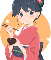  alternate_costume alternate_hairstyle azuki-iro black_eyes black_hair bowl chopsticks eating female food hair_bun highres holding holding_bowl holding_chopsticks houshou_(kancolle) japanese_clothes kantai_collection kimono mochi mochi_trail obi red_kimono sash single_hair_bun solo 