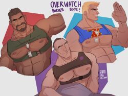  2020 3boys abs asymmetrical_hair bara bare_pectorals beard black_eyes blonde_hair blue_eyes brown_hair dark-skinned_male dark_skin dog_tags facial_hair harness highres multiple_boys muscular muscular_male nipples overwatch overwatch_1 pectorals reaper_(overwatch) salute short_hair sidecut sigma_(overwatch) signature smile soldier:_76_(overwatch) sparse_arm_hair stormcallart under_covers undercut very_short_hair 