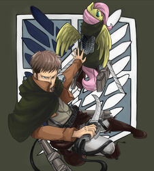 2013 attack_on_titan belt blue_eyes brown_hair clothed clothing crest_(heraldry) crossover duo equid equine feathered_wings feathers female fluttershy_(mlp) friendship_is_magic fur hair hasbro hat headgear headwear hi_res hood human insanitylittlered jacket jean_kirstein letterbox long_hair looking_at_viewer looking_back male mammal melee_weapon my_little_pony mythological_creature mythological_equine mythology open_mouth pegasus pink_hair shirt sword symbol topwear weapon wings yellow_body yellow_feathers yellow_fur