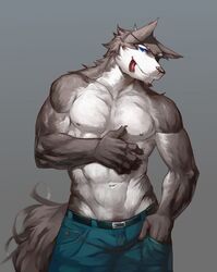 5_fingers abs anthro belt biceps big_muscles biped black_nose blue_eyes bottomwear canid canine canis claws clothed clothing eye_patch eyewear fingers front_view fur grey_background grey_body grey_fur hand_in_pocket hand_on_belly hand_on_chest kemono looking_at_viewer male mammal muscular muscular_anthro muscular_male nipples nviek5 pants pecs pockets pose simple_background smile solo standing teal_bottomwear teal_clothing tongue tongue_out topless v-cut white_body white_fur wolf