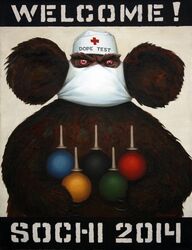 ambiguous_gender cheburashka cheburashka_(character) enema enema_bulb english_text looking_at_viewer nurse olympics russian sochi_2014 solo text unknown_species vasily_slonov