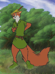 3:4 anthro biped bycocket canid canine clothing disney footwear fox fur hat headgear headwear loose_feather male mammal plant red_fox robin_hood robin_hood_(disney) shanegdraco shoes smile solo toony tree true_fox