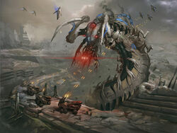 4:3 absurd_res alien ambiguous_gender andrewryanart annelid anthro battle bioware digital_media_(artwork) digital_painting_(artwork) electronic_arts flying group gunfire hi_res kalros krogan mass_effect reaper_(mass_effect) red_eyes ruins size_difference smoke solo_focus tank thresher_maw vehicle war worm