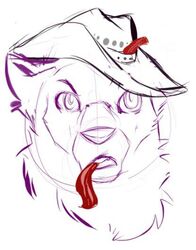 2013 anthro bacon canid canine canis clothing cowboy cowboy_hat food hat headgear headwear male mammal meat restricted_palette sekotta sketch solo songgoishtar wolf