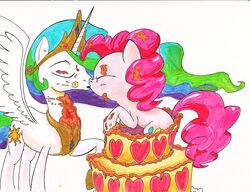 2013 alicorn cake crown cutie_mark dessert duo earth_pony equid equine feathered_wings feathers female female/female feral food friendship_is_magic fur hair hasbro headgear horn horse jewelry kissing kitsuneymg mammal multicolored_hair my_little_pony mythological_creature mythological_equine mythology pink_body pink_fur pink_hair pinkie_pie_(mlp) pony pop_out_cake princess_celestia_(mlp) traditional_media_(artwork) white_body white_fur wings