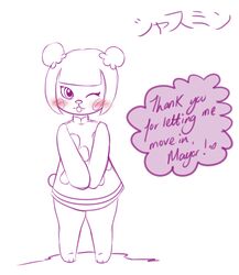 animal_crossing anthro bear blush english_text featureless_hands female heart_symbol japanese_text lacgl looking_at_viewer mammal monochrome nintendo pekoe_(animal_crossing) requestfaeg solo text translation_request