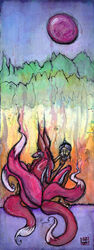 abstract_background ambiguous_gender anthro asian_mythology canid canine chakra east_asian_mythology fire fluffy fluffy_tail fox fox_spirit fur gradient_background green_eyes hi_res japanese_mythology kitsunebi mammal mask mixed_media multi_tail mythology painting_(artwork) pen_(artwork) red_body red_fur simple_background sk4ndalous solo tail thatwhitefox traditional_media_(artwork) watercolor_(artwork) white_body white_fur