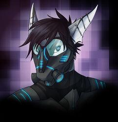 2012 abstract_background anthro armor black_hair blue_eyes blue_markings cetacean clothed clothing countershading dolphin ear_piercing fish gas_mask hair looking_up male mammal marine markings mask oceanic_dolphin piercing piranhapettingzoo purple_background riptide_(riptideshark) shark simple_background solo suit toothed_whale