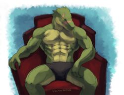 abs anthro athletic biceps big_muscles biped bulge chair clothed clothing crocodile crocodilian crocodylid digital_media_(artwork) digital_painting_(artwork) fangs furniture green_body green_skin kane_ridgescale looking_at_viewer male muscular muscular_anthro muscular_male pecs pose recliner reptile scales scalie scar sitting solo speedo spread_legs spreading swimwear teeth the_spiner throne topless valentinapaz yellow_body yellow_eyes yellow_skin