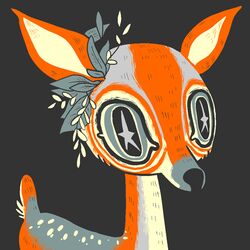 1:1 ambiguous_gender big_eyes clara_bacou deer ears_up feral fur grey_background grey_body grey_eyes grey_fur head_wreath leaf leaf_crown low_res mammal orange_body orange_fur pupils simple_background solo spots star star_in_pupils star_pupils symbol-shaped_pupils unusual_pupils white_body white_fur