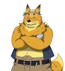 accessory anthro belt biceps big_ears big_muscles blush bottomwear canid canine closed_eyes clothing crossed_arms eyewear fox fur glasses hair headband male mammal morenatsu muscular muscular_anthro muscular_male pants samoji smile solo sprite tetsuya_inoue topwear unknown_artist vest whiskers