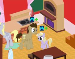 animated blonde_hair blue_eyes brown_body brown_fur brown_hair crossover cutie_mark derpy_hooves dinky_hooves_(mlp) doctor_whooves_(mlp) earth_pony electronic_arts english_text equid equine feathered_wings feathers female feral friendship_is_magic fur furniture grey_body grey_feathers grey_fur group hair hasbro horn horse inside kitchen male mammal maxis_(ea) my_little_pony mythological_creature mythological_equine mythology pegasus plumbob pony short_playtime smile standing table text the_sims unicorn walking wings yellow_eyes yudhaikeledai