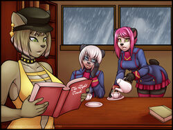 4:3 anthro bear becky_(disambiguation) big_breasts blue_eyes book breasts clothing digital_media_(artwork) domestic_cat eager_librarian_3 eyewear felid feline felis female giant_panda glasses green_eyes group hair hat headgear headwear inside mammal mi_yuen ouari pink_hair raining reading theblackrook white_hair