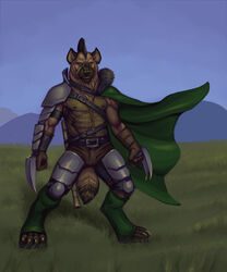 5:6 abs anthro armor athletic belt biceps biped black_nose brown_body brown_fur claws clothed clothing fangs fur green_eyes hyena male mammal manly muscular muscular_anthro nipples pecs pose rrowdybeast solo spotted_hyena standing teeth toe_claws topless warrior