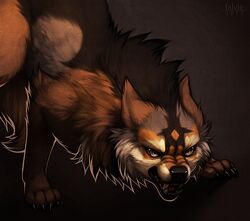 2013 angry anthro black_markings brown_body brown_fur canid canine crouching digital_media_(artwork) falvie fur grey_eyes growling male mammal markings snarling solo tan_body tan_fur territorial