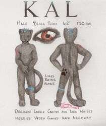 anthro ass blue_markings brown_eyes cougar covering english_text felid feline footprint hi_res kal_shadowfire male mammal markings melanistic model_sheet pawprint pawprint_tattoo solo tattoo text traditional_media_(artwork) zorraleal