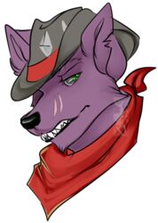 alpha_channel anthro bandana black_nose canid canine canis clenched_teeth clothing cowboy fedora fur green_eyes grey_sclera hat headgear headshot_portrait headwear kerchief looking_back male mammal notched_ear portrait purple_body purple_fur scar scratches sekotta simple_background solo teeth tomocreations transparent_background wolf