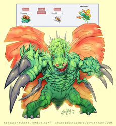 alternate_species ambiguous_gender anthro beedrill claws fakemon fusion generation_1_pokemon glowing glowing_eyes green_body green_skin hi_res hybrid insect_wings kendall_hale multi_arm multi_limb mutation nintendo pokemon pokemon_(species) pokemon_fusion red_eyes solo text thorns url venusaur what_has_science_done where_is_your_god_now wings