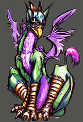 4_toes all_fours ambiguous_gender avian beak claws feathered_wings feathers feet feral fur green_body green_fur grey_background gryphon hi_res horn looking_at_viewer mythological_avian mythological_creature mythology purple_body purple_fur simple_background sitting sk4ndalous solo spread_wings thatwhitefox toe_claws toes unknown_species wings yellow_eyes