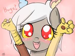 blush chimera discord_(mlp) draconequus female friendship_is_magic hair hasbro my_little_pony open_mouth question_mark red_eyes rule_63 solo speccysy white_hair